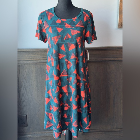 LuLaRoe Dresses & Skirts - Lularoe Carly dress. Orange and blue geometric pattern size small